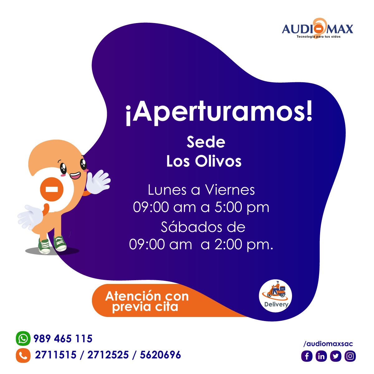 Audiomax_Peru's tweet photo. 👉¡Aperturamos Sede de Los Olivos!👈
Atención con previa cita.
Solicita una cita Aquí: ✍️ https://t.co/RE5r4WIViq (989 465 115)
📩 informes@audiomax.com.pe
#comprometidoscontusalud #audiomax #aperturapostcuarentena #saludauditiva #cuidadodeoidos #AudifonosMedicados https://t.co/fa4UwvnziO