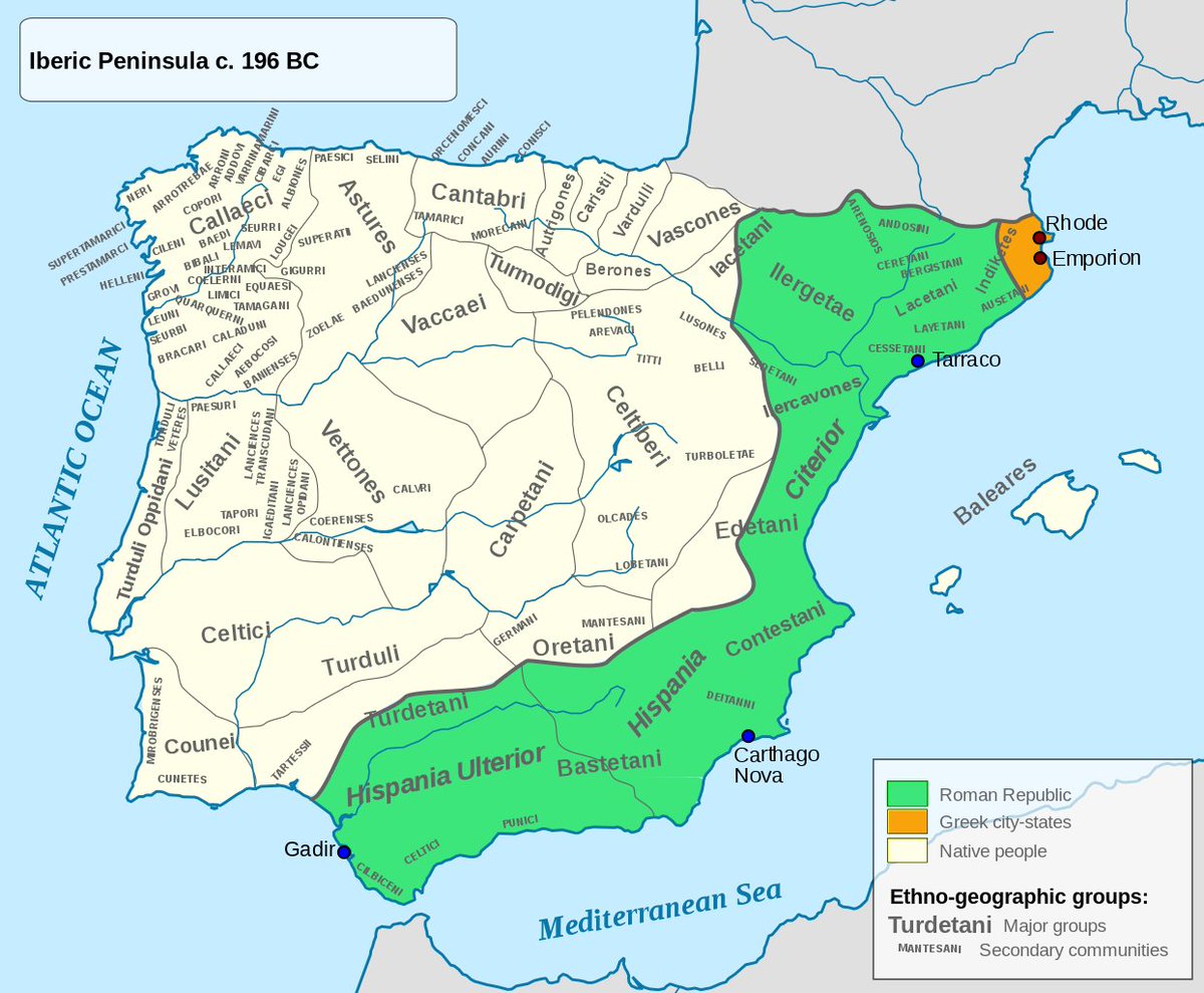 6/ The first division of Iberia is made in 196 BCE, with Hispania Ulterior and Hispania Citerior, encompassing Southern and Eastern Iberia. Suffering damage from Carthage and already being in a semi-civilised state, Rome didn't have much problem conquering these regions