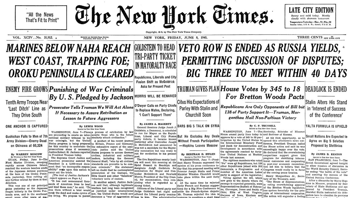 June 8, 1945: Veto Row is Ended as Russia Yields, Permitting Discussion of Disputes; Big Three to Meet Within 40 Days  https://nyti.ms/3cDfcfS 