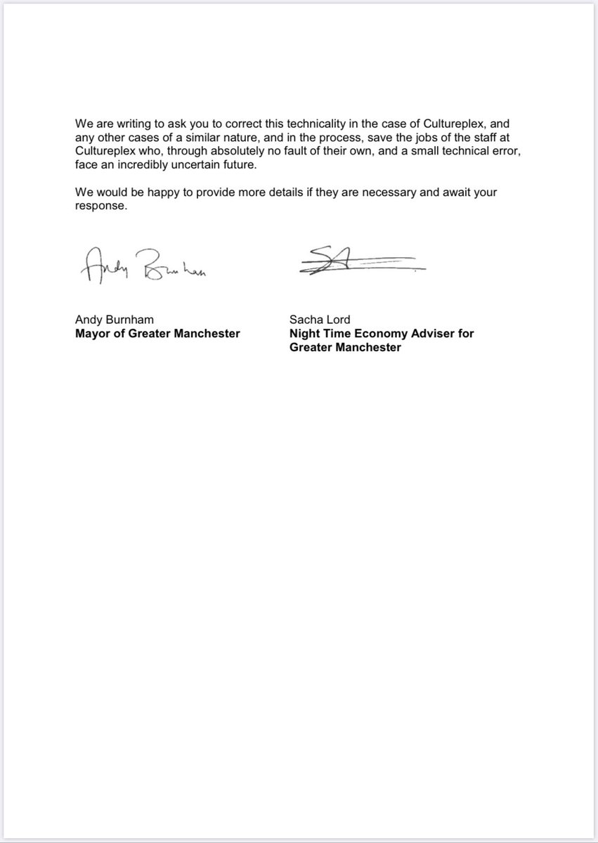 Last week we heard about the 60 staff at Cultureplex, who through no fault of their own and a small technicality, meant they didn’t qualify to be furloughed. Today, ⁦<a href="/AndyBurnhamGM/">Andy Burnham</a>⁩ and myself have written to the Chancellor, asking him to correct this technicality.