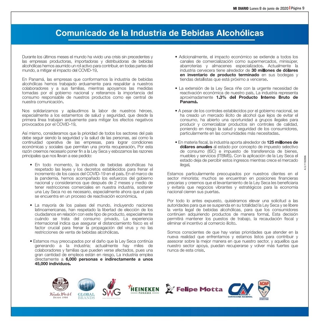 jafabregaroux's tweet photo. Comunicado de la Industria De bebidas con alcohol y el impacto que tiene sibe la industria las restricciones de venta para el consumo en casa. No hay justificación científica que relaciona COVID-19 con consumo en casa. 
Es hora de que el MINSA elimina tan absurda restricción. https://t.co/CKAlm2XgFo