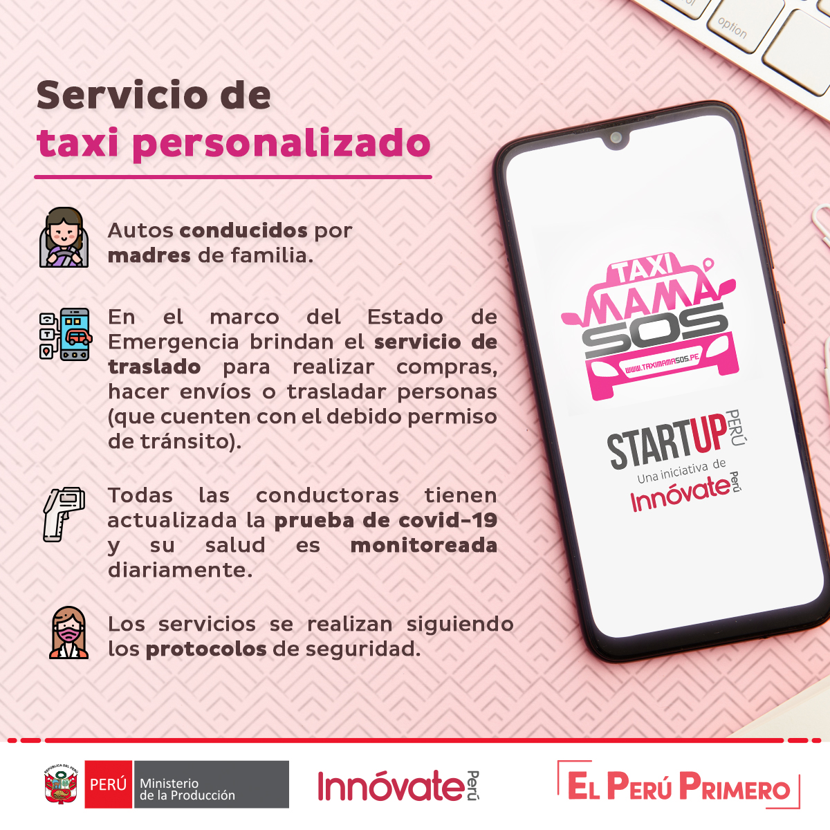 ProInnovate_'s tweet photo. ¡Taxis seguros 🚕 !  Taxi Mamá SOS, emprendimiento cofinanciado por #InnóvatePerú, brinda el servicio de traslados cumpliendo los protocolos de seguridad. https://t.co/LaXuwKihgB
