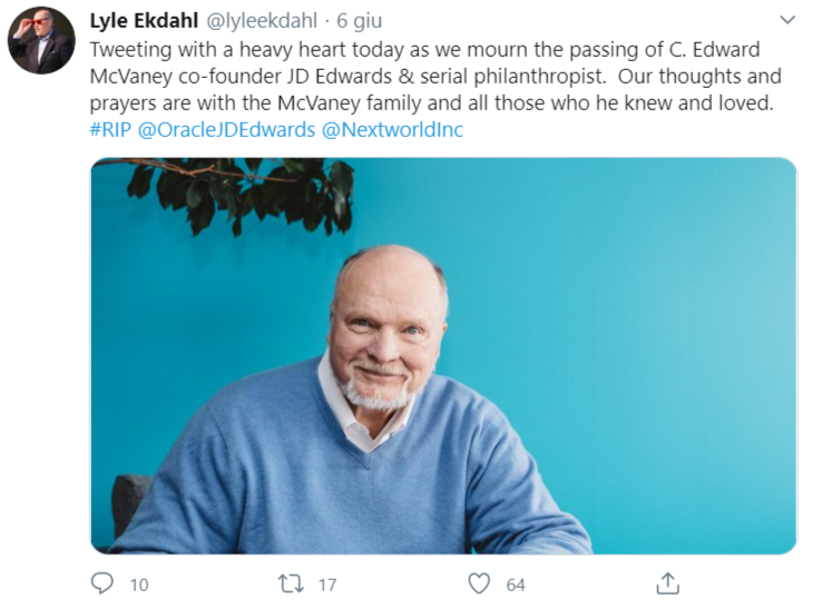 QuistorIT's tweet photo. RTT ricorda Edward McVaney , co-fondatore ed ex CEO di JD Edwards, scomparso il 4 giugno 2020 all'età di 80 anni. #jdedwards #erpsoftwaresolutions #jdesupport #erpimplementation #erpsystem #ripMcVaney https://t.co/eVSOCeehCf
