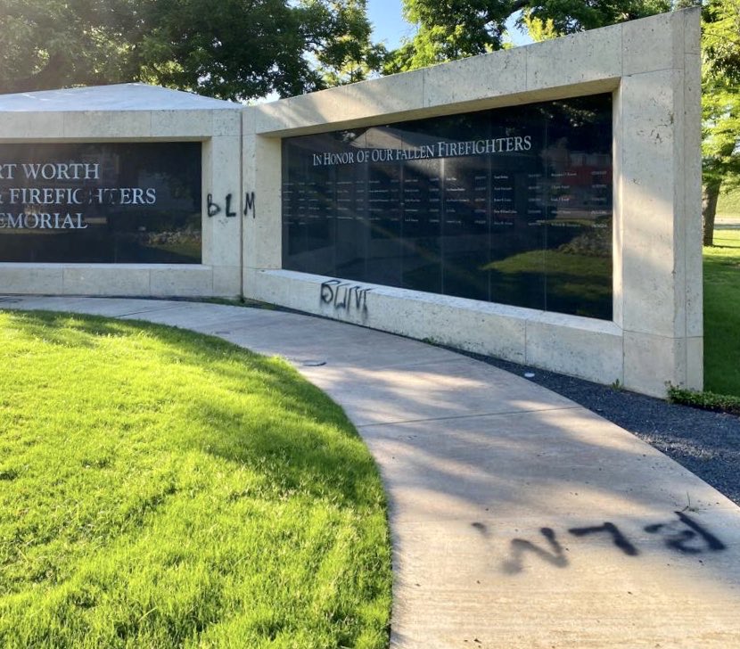 FWPOA's tweet photo. Overnight, the Fort Worth Police &amp; Firefighters Memorial was vandalized by criminals, causing significant damage. While criminals may physically tarnish this sacred memorial, the legacy of the heroes who gave their lives in service to this city can never be diminished. https://t.co/UeMErd985z