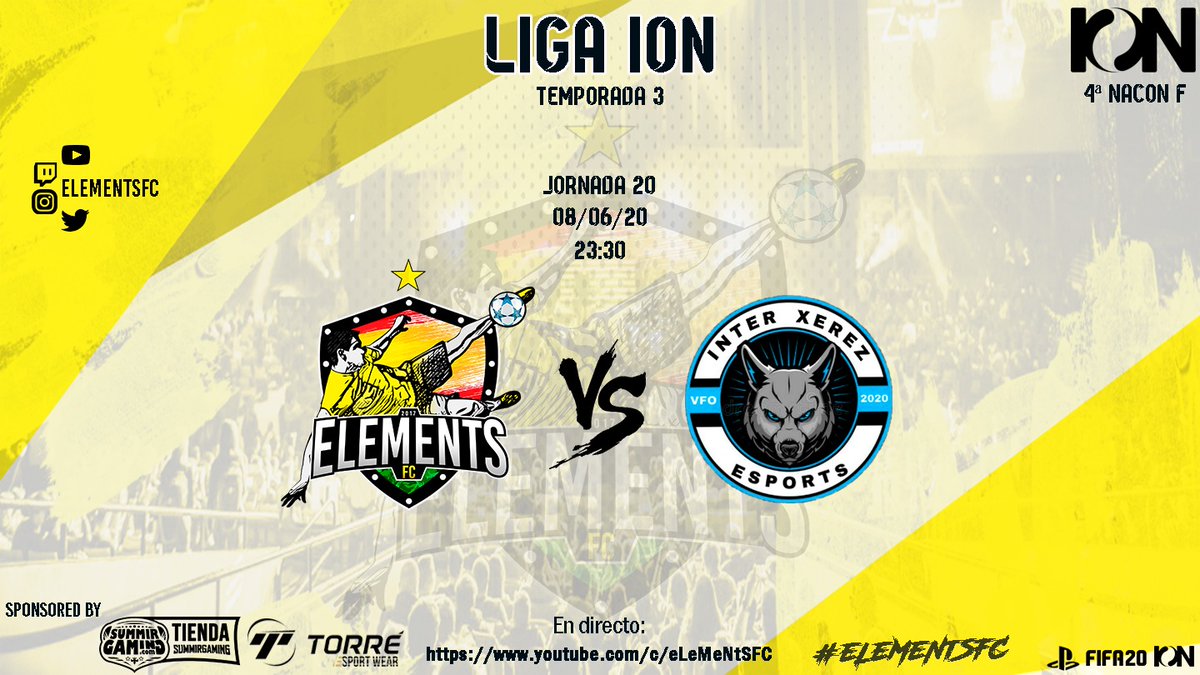 Liga ION <a href="/IONesports/">ION</a> 🏆
#IONClubesPro

|Jornada 20|⏰23:30

<a href="/eLeMeNtSFC_/">eLeMeNtS FC</a> vs <a href="/InterXerez/">Inter Xerez eSports</a>

Buscaremos los 3 ptos frente a un gran rival para colocarnos arriba en la tabla💪🔝🔥

Sponsored by
<a href="/SummirGaming/">SummirGaming</a> &amp; <a href="/torrewear/">Torré Wear ®</a>

#eLeMeNtSFC 💛
#Fifa20 #PS4
#ClubesPro #11vs11
#YoMeQuedoEnCasa