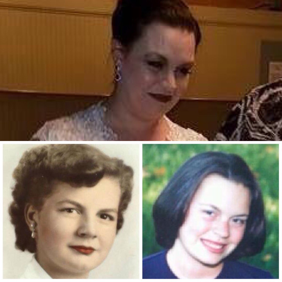 MrsB422's tweet photo. @contrashelby My paternal grandmother and I. Bottom is both our senior photos. Top is me on my wedding day, more than 15 years later. Still looking like her. 💙 https://t.co/PwUVnAanVu
