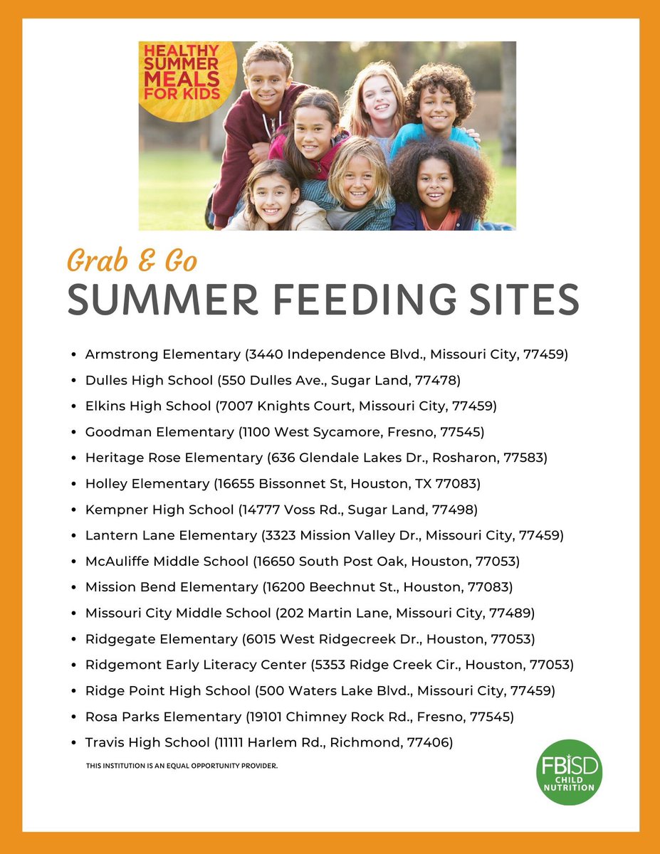 FBISDFoodie's tweet photo. For Texas children who rely on school meals during the academic year, our Summer Meal Programs offer a good source of nutrition at no cost during the summer. Check out our list of #summerfeeding locations.
#FBISDFoodie #GrabandGoMeals #FBISD #SummerMeals https://t.co/GrP2xbKFVj