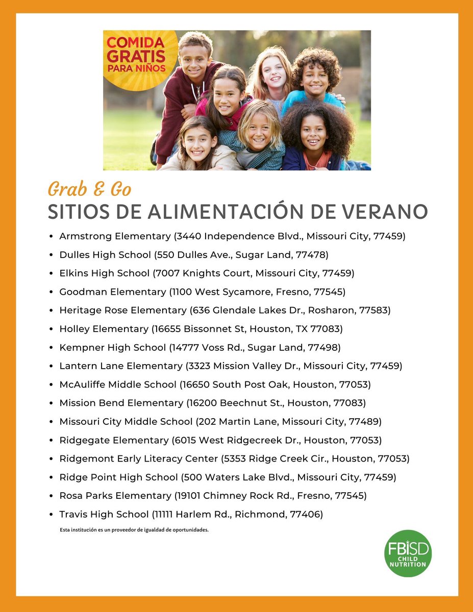 FBISDFoodie's tweet photo. For Texas children who rely on school meals during the academic year, our Summer Meal Programs offer a good source of nutrition at no cost during the summer. Check out our list of #summerfeeding locations.
#FBISDFoodie #GrabandGoMeals #FBISD #SummerMeals https://t.co/GrP2xbKFVj