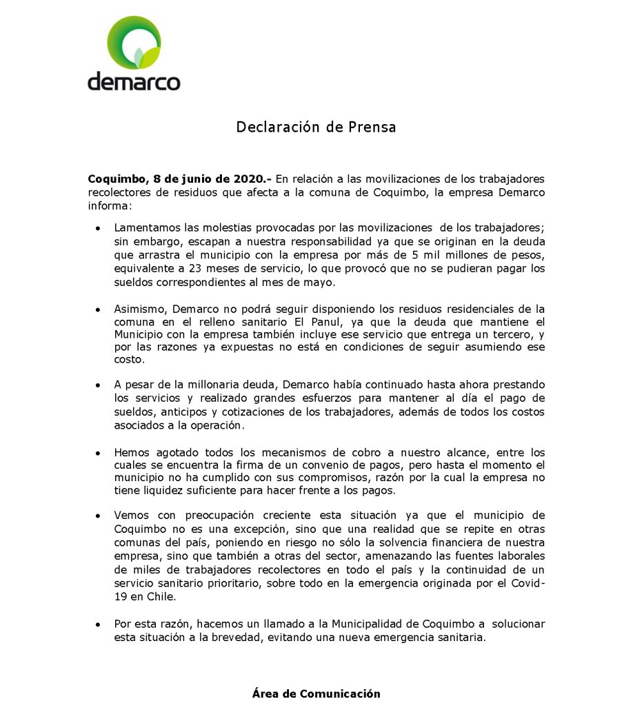 [COMUNICADO] Declaración de #Demarco por paralización en servicio de #Coquimbo