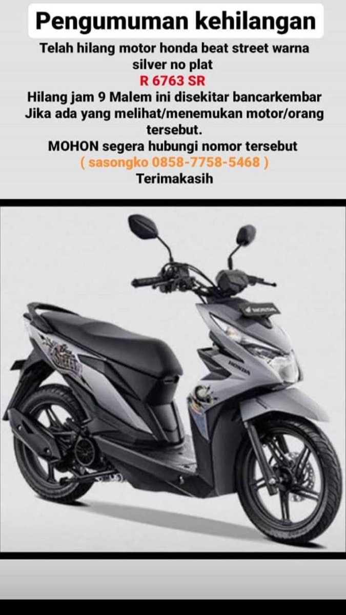 iqbalpriatmoko's tweet photo. Motor temen aing @dwidjosasongko barusan aja ilang,barangkali ada yg liat langsung stop aja. Info tertera dibawah. 
Tolong dibantu para admin @infoPURWOKERTO @pwtupdate @iniPurwokerto https://t.co/BnLXcX1iOP