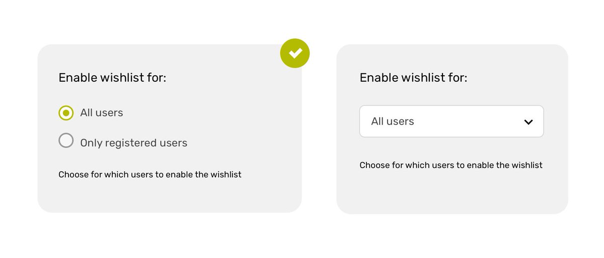 Pillole di UI: Se dobbiamo offrire agli utenti una scelta entro poche opzioni, mostriamole utilizzando radio button e non racchiuse in una select. In questo modo l’utente non avrà bisogno di cliccare per capire quali opzioni sono disponibili. #uidesign