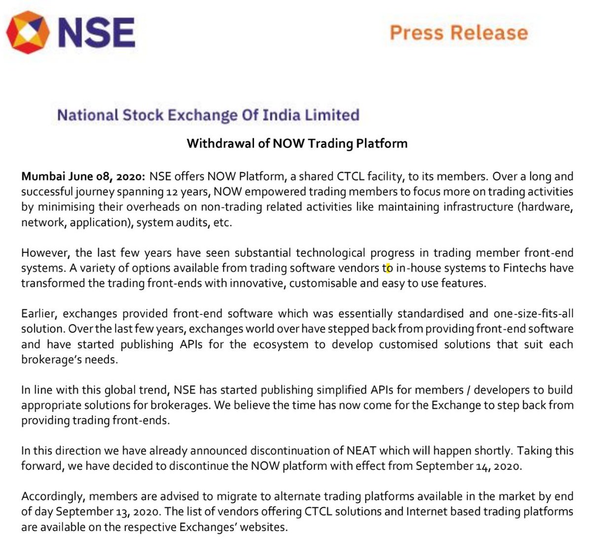 Nithin0dha's tweet photo. We saw NSE NOW in 2008 as an innovative idea by NSE to help its members go digital by giving the trading platform for free. We spotted an opportunity to disrupt pricing and that's how Zerodha started. Mixed feelings to hear that it will be discontinued. https://t.co/WAAmU9hpGd