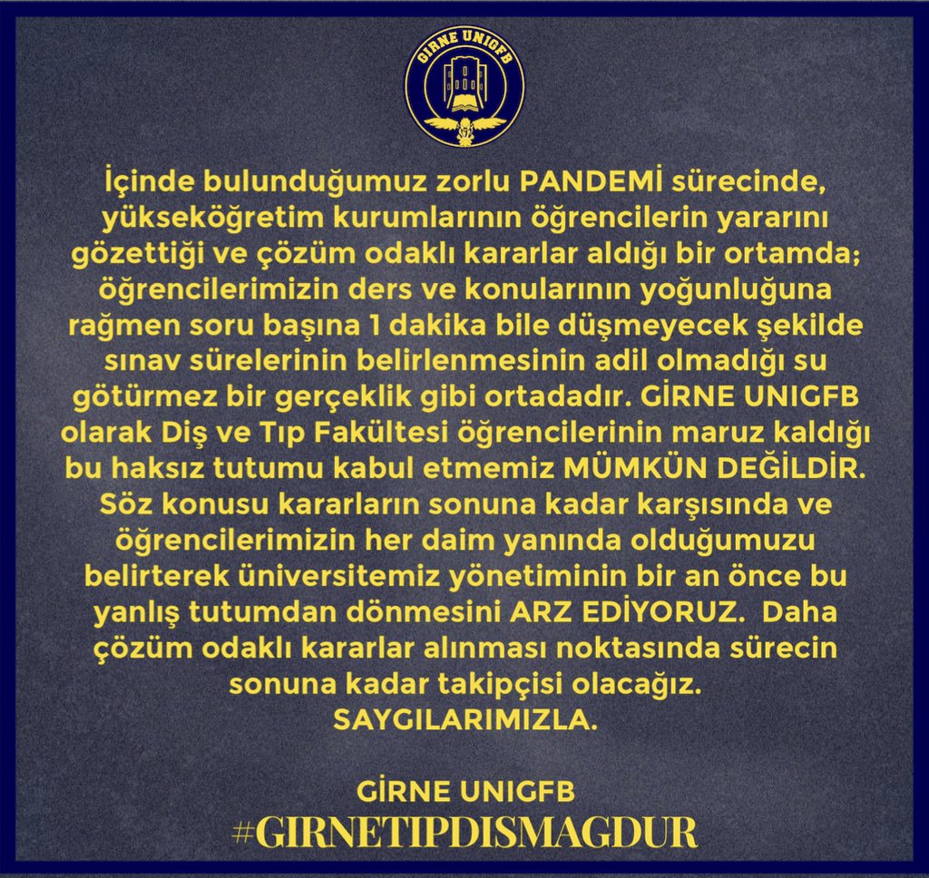 GirneUNIGFB's tweet photo. Söz konusu kararların sonuna kadar karşısında ve öğrencilerimizin her daim yanında olduğumuzu belirterek üniversitemiz yönetiminin bir an önce bu yanlış tutumdan dönmesini ARZ EDİYORUZ. 
SAYGILARIMIZLA.
#GİRNETIPDİSMAGDUR https://t.co/TlHj2v2iEU