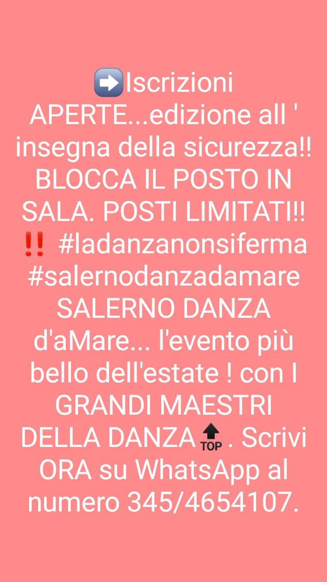 I GRANDI MAESTRI DELLA DANZA Solo a  Salerno Danza D'aMare - 12^ edizione.  Follow us per conoscere tutti i maestri #ladanzariparteinsicurezza Scrivi ORA su WhatsApp al numero 345/4654107 per bloccare il posto in sala. Classi a numero chiuso ! salernodanzadamare.it