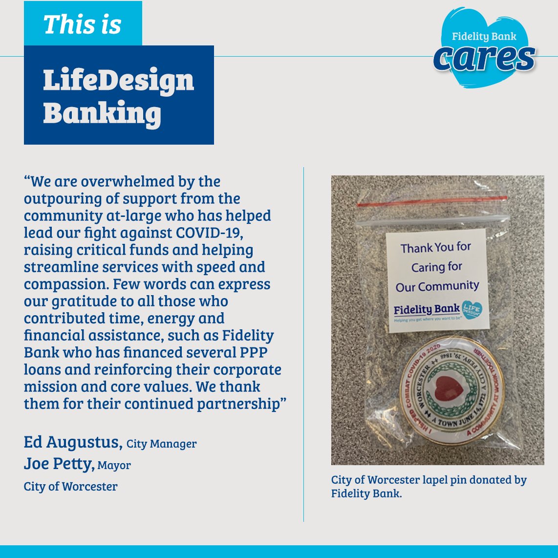 FidelityBankMA's tweet photo. We are happy to support the City of #Worcester as part of our Covid-19 Response Grants. Our LifeDesign approach assures you can always bank with clarity and confidence. 💙 #ThisisLifeDesign #FidelityBankCares @TweetWorcester @MayorPetty https://t.co/Wo9oV09bNU. https://t.co/SqjOHhdpA5