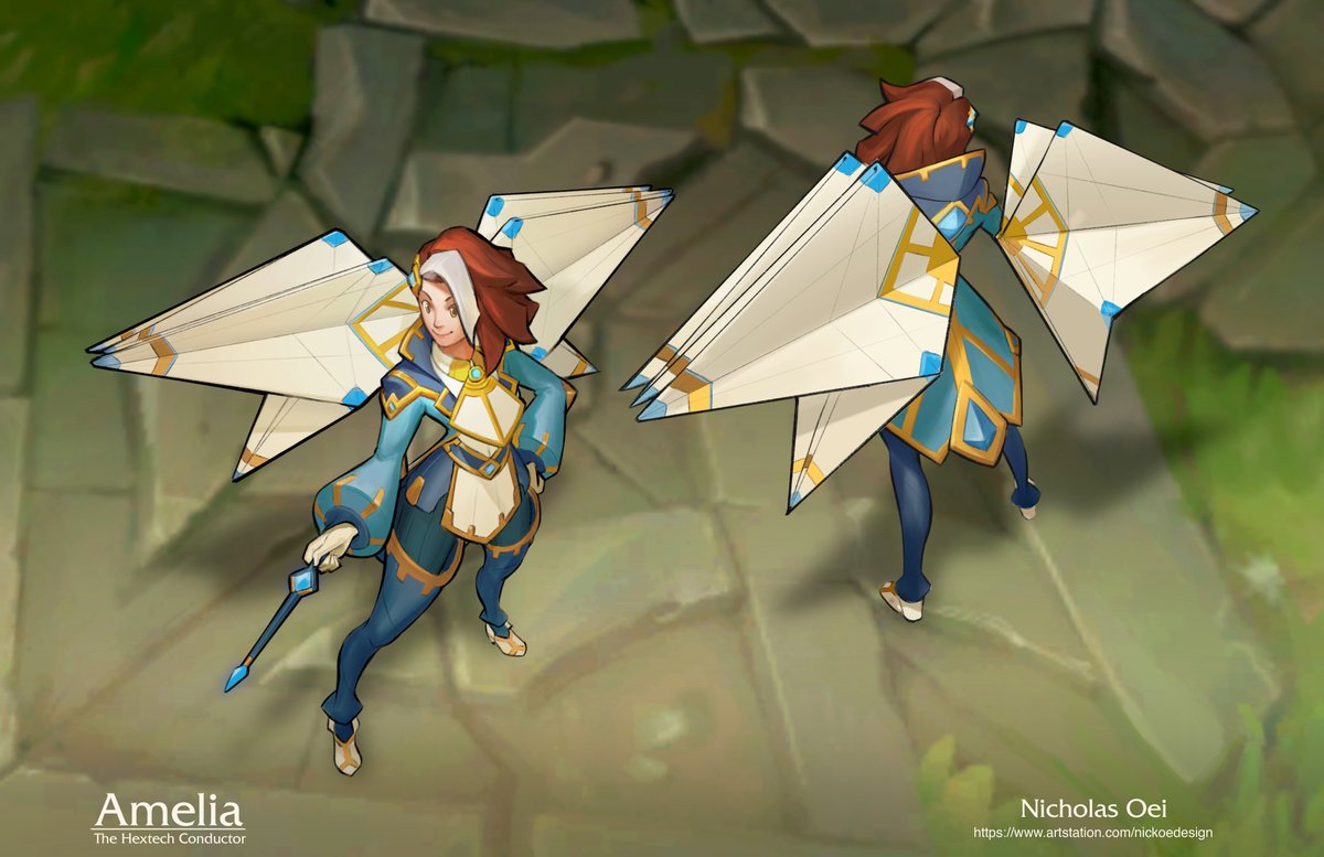 Nickwheee's tweet photo. This is Amelia, a Hextech conductor from Piltover (my fave facton). 2 years old but I still love her project, lots of fond memories were made during it
An original character using origami as a design method and the davinci-esque hextech. #ArtofLegends #LeagueOfLegends #Piltover https://t.co/JoXIIMVLEc