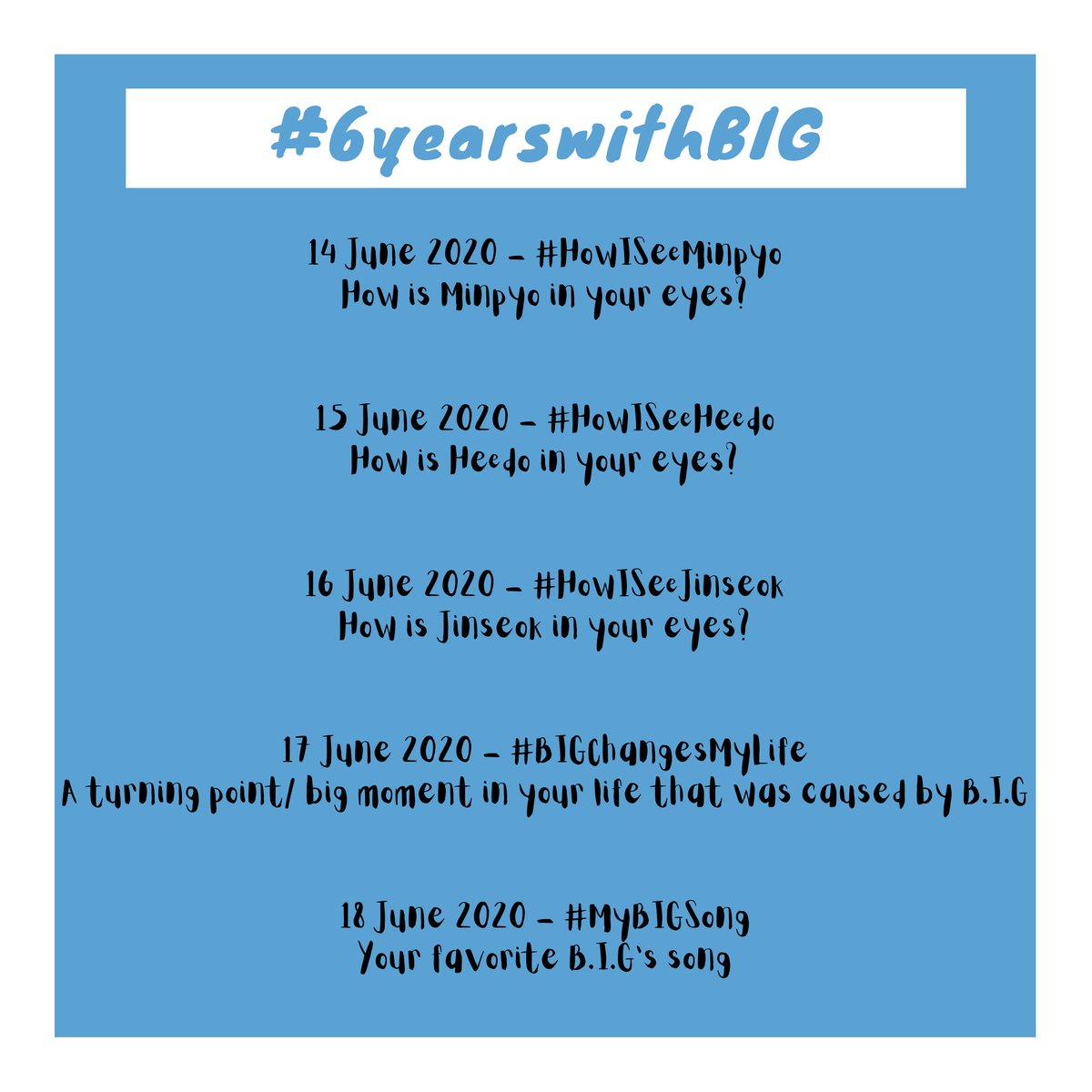 intbiginning's tweet photo. ❤ B.I.G's 6th Anniversary Project ❤

Please refer to the instruction on the picture for more details.

Let's do this, biginning fam 😉

#비아이지X비기닝 #BIGxBIGINNING #InternationalBiginning
#비아이지 #BIG #비기닝 #biginning
#제이훈 #벤지 #건민 #민표 #희도 #진석
#6yearswithBIG https://t.co/TrmyBXP5KT