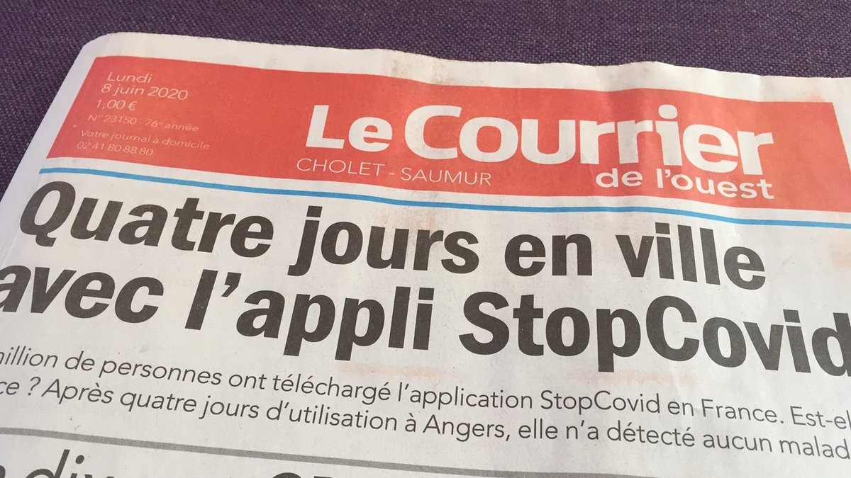 NStopcovid's tweet photo. La Presse Quotidienne Régionale a testé l'application #StopCovid et témoigne de son inutilité. Le @courrierouest annonce aujourd'hui qu'elle n'a détecté aucun utilisateur contaminé à Angers même après plusieurs heures d'utilisation. Dîtes #NONauStopCovid et #RestezLibres! https://t.co/46S5snuPYh