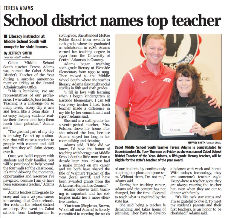 cabotsd's tweet photo. Another great feature on our Cabot Public Schools "Teacher of the Year." Way to go Mrs. Adams! This article was published in the June 3rd edition of the @Arkansas_Leader @ArkansasEd @CMSSouth https://t.co/A5PIX8YnUY