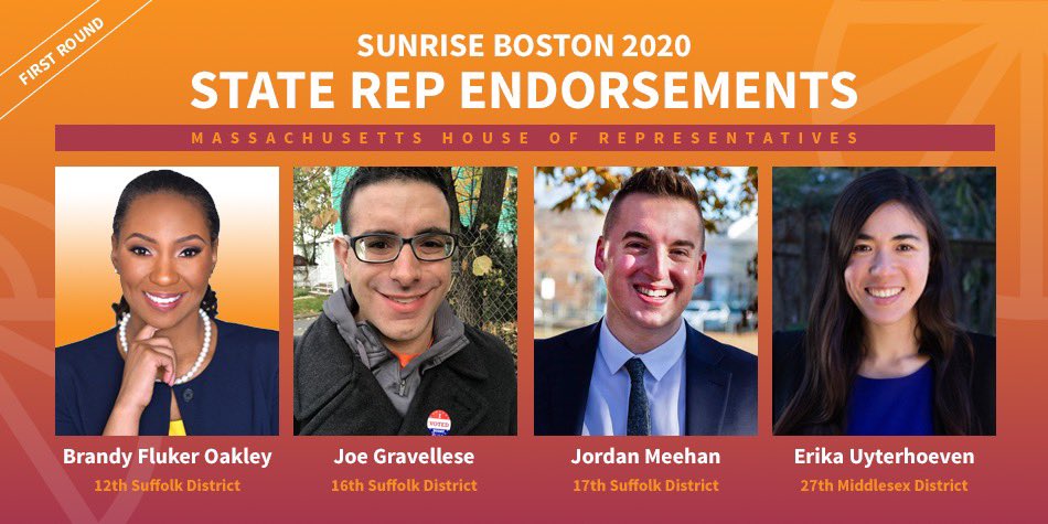 🚨We are announcing our first endorsements for 2020: <a href="/RepPressley/">Congresswoman Ayanna Pressley</a> @JordanForMA @erika4rep <a href="/joegrav/">JG</a> <a href="/TeamBrandy617/">Brandy Fluker Oakley</a>! These candidates fully understand the intersections of #RacialJustice, #EconomicJustice, and #ClimateJustice. And will champion bold climate policies like the #GND!