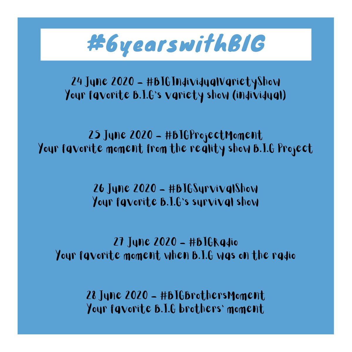 intbiginning's tweet photo. ❤ B.I.G's 6th Anniversary Project ❤

Please refer to the instruction on the picture for more details.

Let's do this, biginning fam 😉

#비아이지X비기닝 #BIGxBIGINNING #InternationalBiginning
#비아이지 #BIG #비기닝 #biginning
#제이훈 #벤지 #건민 #민표 #희도 #진석
#6yearswithBIG https://t.co/hWZkfBxDFG