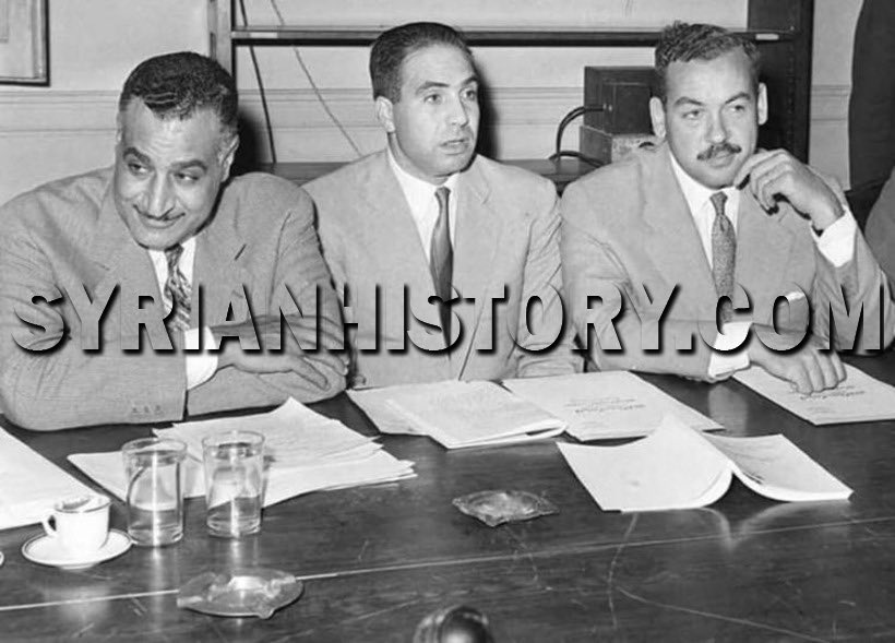 3) Gamal Abdul Nasser with his Syrian and Egyptian Vice-Presidents in 1958From left to right: Gamal Abdul Nasser, Abdul Hamid al-Sarraj, Hussein al-Shafii. #Egypt  #Syria  #UAR