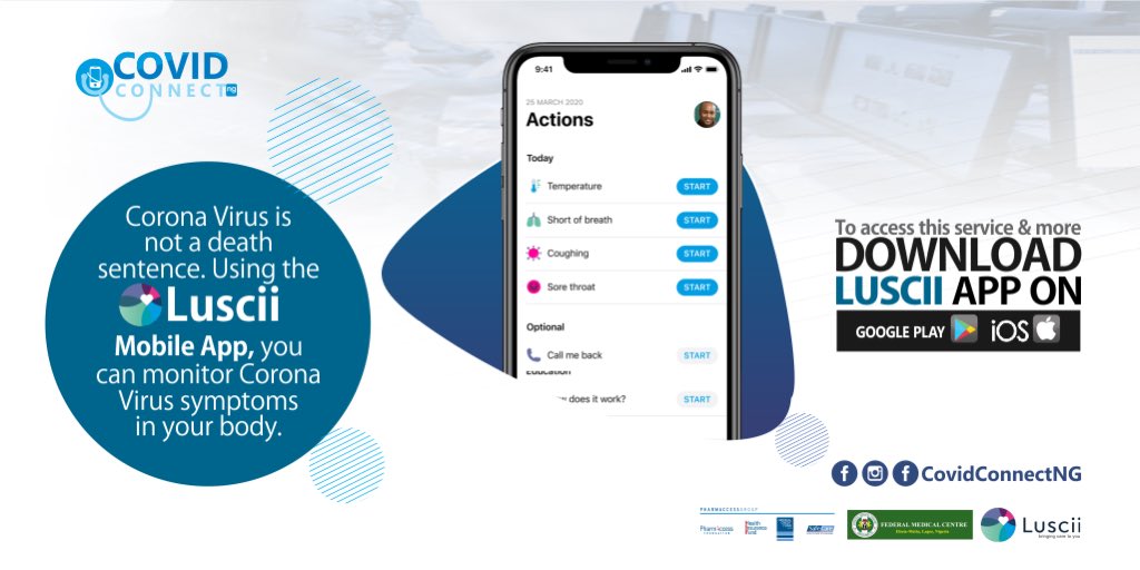 DrZobo's tweet image. - It gives you properly curated advice and the latest information on the COVID19
pandemic.

Have you downloaded #Luscii yet? Available on Google play: play.google.com/store/apps/det…
and 
IOS: apps.apple.com/ng/app/luscii/…

Download now. You never know when you or a loved one will need it!