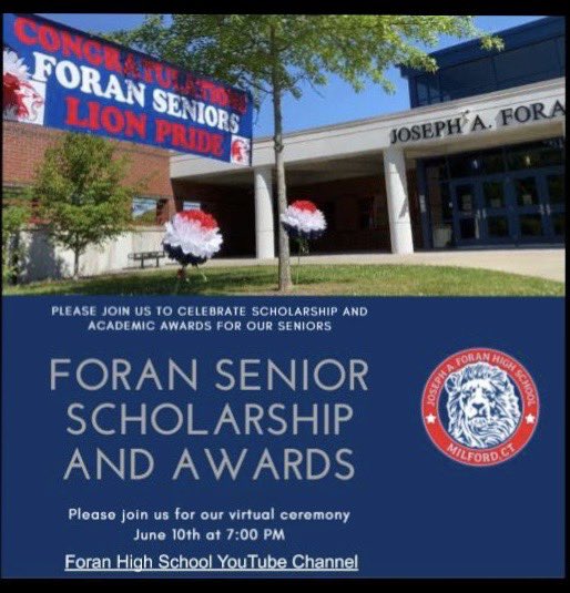 MrBLionPride's tweet photo. Join us at 7pm on Wednesday to honor our amazing senior class!The ceremony will be posted on the Foran YouTube Channel. #lionpride ⁦@ManeStMirror⁩ https://t.co/9lwWXlCn2x