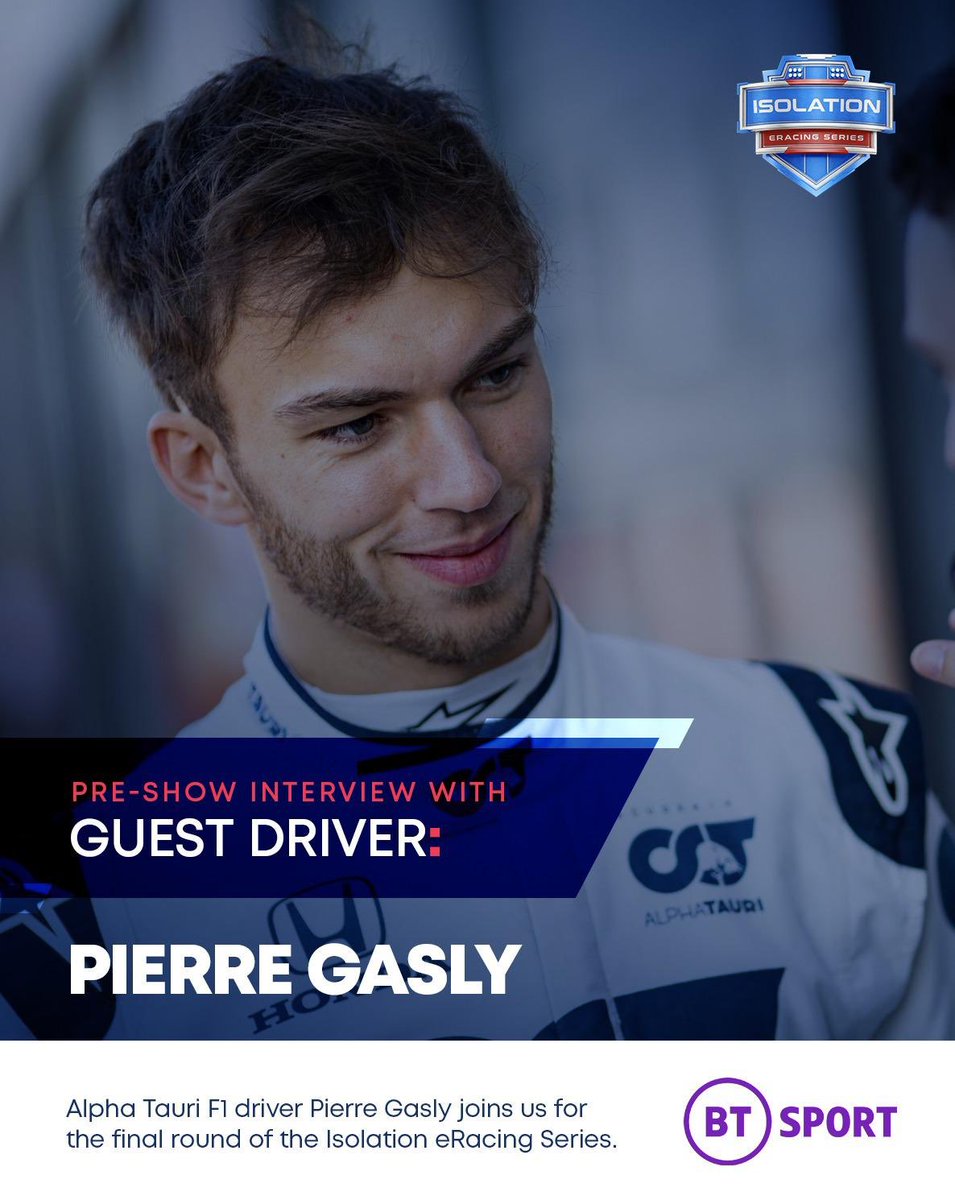 nikki_k1's tweet photo. Quite a cast for tonightโs #IsolationeRacing on @btsport 2HD at 6.00 including this rising star of Formula 1. @PierreGASLY @TrevorCarlin @tristannunez @RaoulHyman with @gemmascotttv presenting @Eel_Pie_Films https://t.co/eHOSUmHfZu