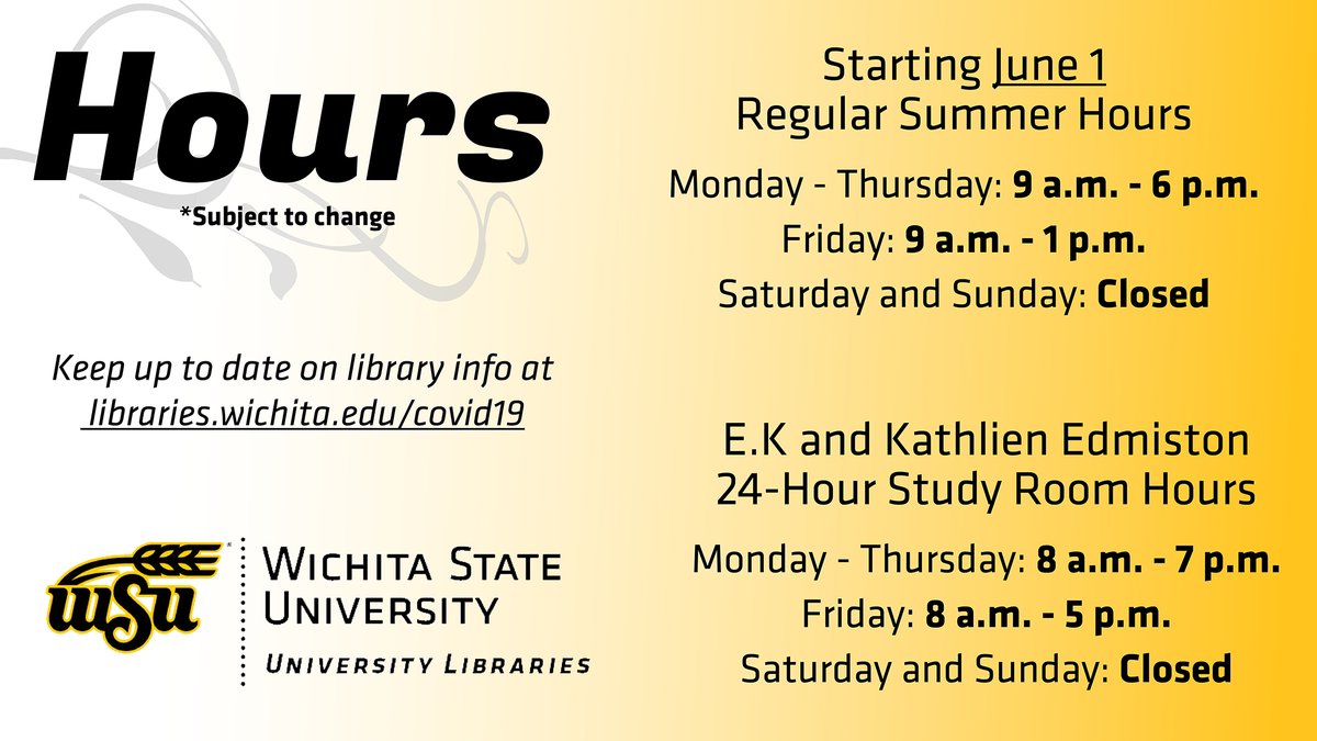wsulibrary's tweet photo. Ablah Library is open to Wichita State students, faculty, and staff. Stay up to date on library changes and hours at https://t.co/PnbNPoelzb https://t.co/uU0MZUc4rz