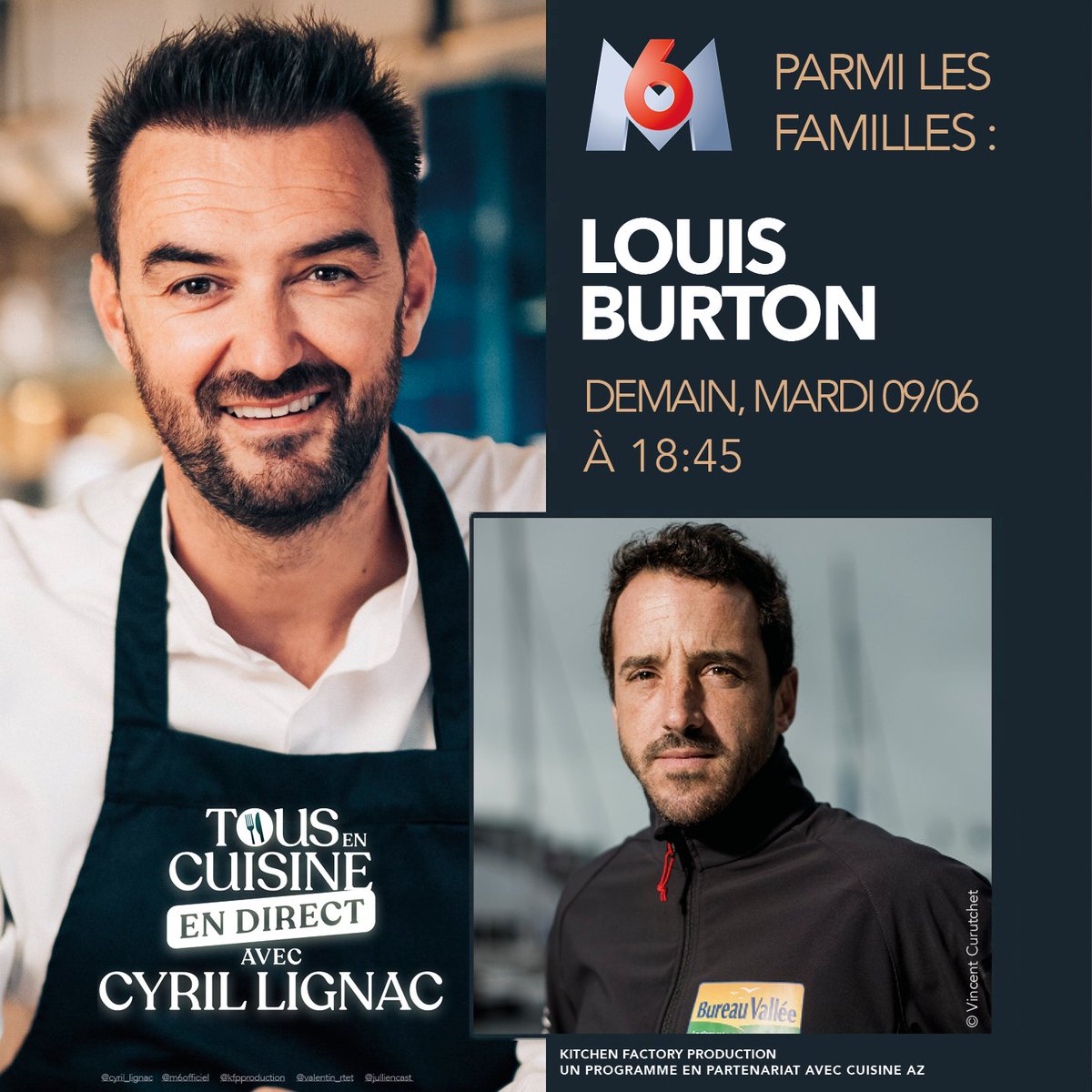 TOUS EN CUISINE DEMAIN AVEC LOUIS BURTON !
Le skipper de <a href="/bureauvallee/">Bureau Vallee</a> 2, Louis Burton et Servane Escoffier-Burton participent demain à partir de 18h45 par skype à l’émission TOUS EN CUISINE sur M6 avec le célèbre Chef Cyril Lignac. <a href="/cyril_lignac/">Cyril Lignac</a> <a href="/M6/">M6</a> @valentin_rtet <a href="/KFPproduction/">Kitchen Factory Production 🔪🎂🎥</a>