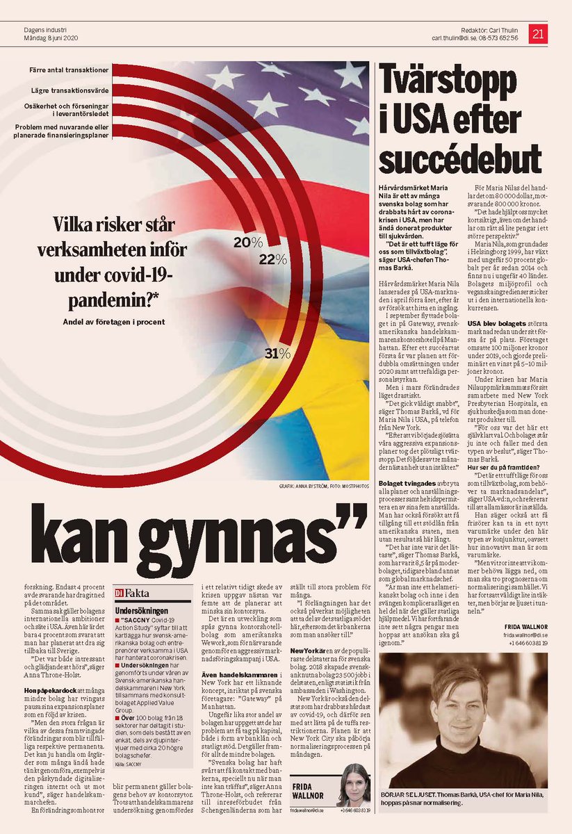 SACCNY President: The crisis "can have positive effects on Swedish companies in the U.S. because it has created curiosity around Sweden and with the history of relying on science rather than politics," referring to Sweden's unique Triple Helix model.