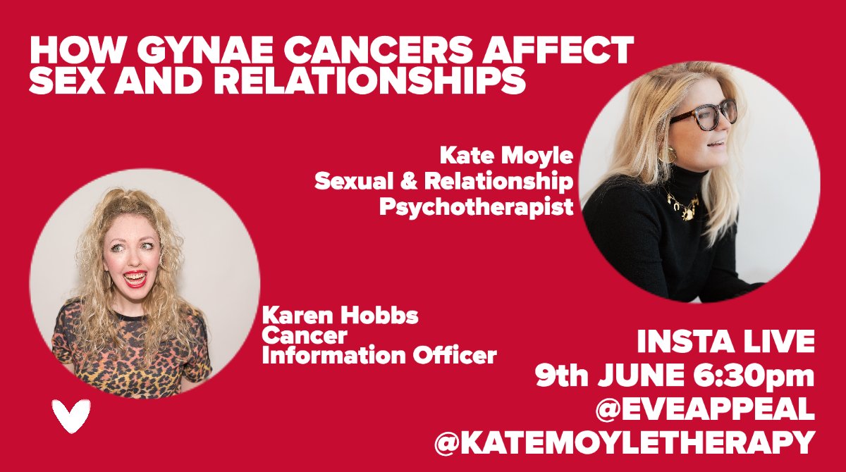 Join us tomorrow on Instagram <a href="/eveappeal/">The Eve Appeal</a> or @katemoyletherapy at 6:30pm where we will be joined by Psychosexual and Relationship Therapist Kate. She will be chatting with our very own <a href="/karen_hobbs/">Karen Hobbs</a> about the impact of a gynae cancer diagnosis and treatment on sex and relationships