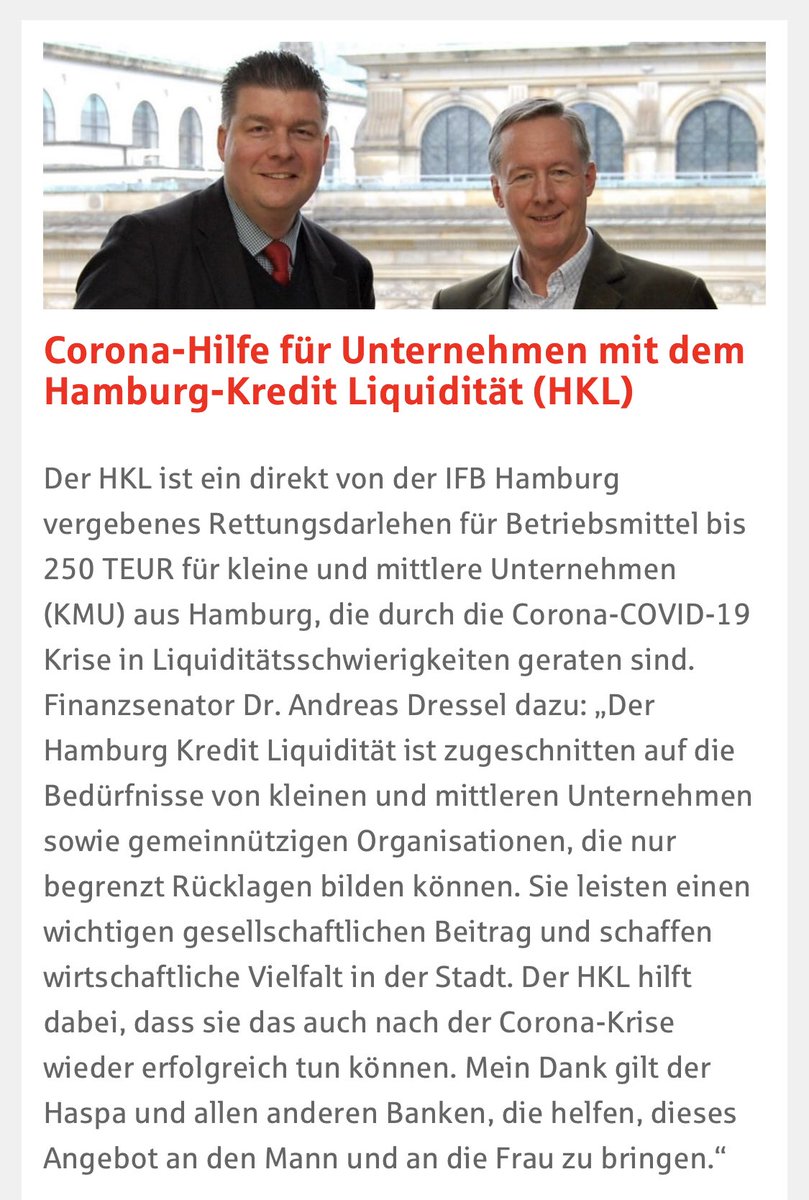 ADressel's tweet photo. #CoronaHH #Servicetweet - Der neue #HamburgKredit Liquidität der Förderbank IFB wird über die Hamburger Hausbanken ausgebracht. Ich setze auf eine gute Kooperation und danke allen, die das Angebot an den Mann &amp; an die Frau bringen! @haspa ⁦@hamvoba⁩ ⁦@bankenverband⁩ https://t.co/TCSlHzOIGd
