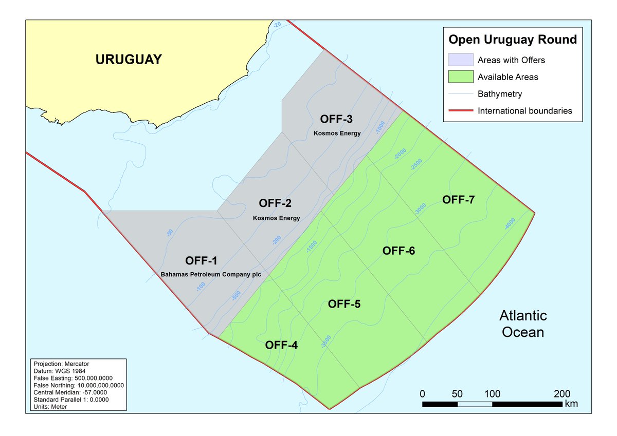 AncapUruguay's tweet photo. ANCAP recibió una nueva oferta en la Ronda Uruguay Abierta para exploración de petróleo en la plataforma marítima de Uruguay. La empresa Bahamas Petroleum Company trabajará en el bloque correspondiente al área OFF 1, que se encuentra a 100 km de la costa y tiene unos 15.000 km2. https://t.co/QeunYDi4n1