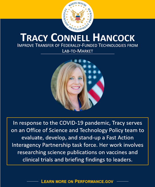 PerformanceGov's tweet photo. Today, we're highlighting White House Leadership Development Program Fellow Tracy Connell Hancock, who serves on a @WHOSTP team to develop &amp; stand up a Fast Action Interagency Partnership task force in response to COVID-19. #labtomarket #ThePMA #WHLDP https://t.co/faG6e2e5Mg https://t.co/NioFnv43mP