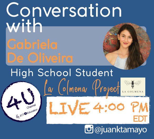 JuankTamayo's tweet photo. Save the bees 🐝 save the planet 🌎 La Colmena Project.
Today “Conversations” meet Gabriela de Oliveira, high school student, #Cali, #Colombia 🇨🇴 live on Instagram 4:00 p.m. (EDT)
#Students #LaColmena #4U
#bees #planet #polinization #food #Sustainability #communityservice https://t.co/YVnCBbDYlv