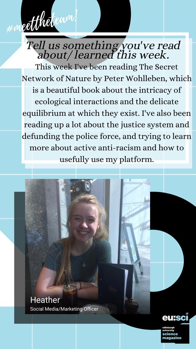 eusci's tweet photo. Happy Monday! Next up in our #meettheteam series is Heather, one of our social media and marketing managers, who is studying biological sciences🧬 🧫  What is something you’ve enjoyed learning about recently?
#eusci #euscimag #universityofedinburgh #uoe #biology #science https://t.co/Q2wEiVjPI3