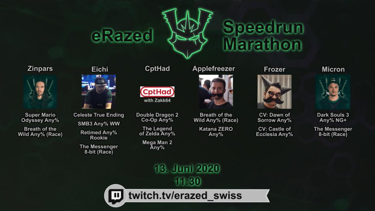 Am Samstig findet de eRazed Speedrun Marathon live uf Twitch statt.
🏃‍♂️🏃‍♀️ <a href="/Eichinator/">Philip Eichhorn</a> <a href="/Zinpars/">Zinpars 🇨🇭</a> @cpt_had <a href="/AppIefreezer/">Applefreezer</a> <a href="/Micron_erazed/">Micron</a> @SirFrozer 

🕒 De detailierti Zitplan gits ufem Stream z gseh

De Stream startet um 11:30 uf twitch.tv/erazed_swiss - lueget ine!