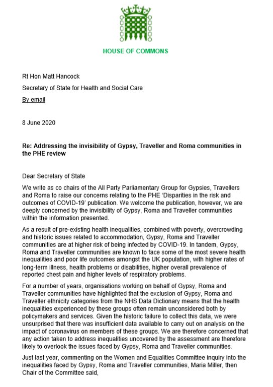 APPGGTR's tweet photo. Co-chairs of the APPG @KateGreenSU and Baroness Whitaker have written to @MattHancock to raise concerns on the “invisibility of Gypsy, Roma and Traveller communities” in the recent PHE ‘Disparities in the risk and outcomes of COVID-19’ publication. See full letter 👇 (1/5) https://t.co/Ud1qiIuXDV