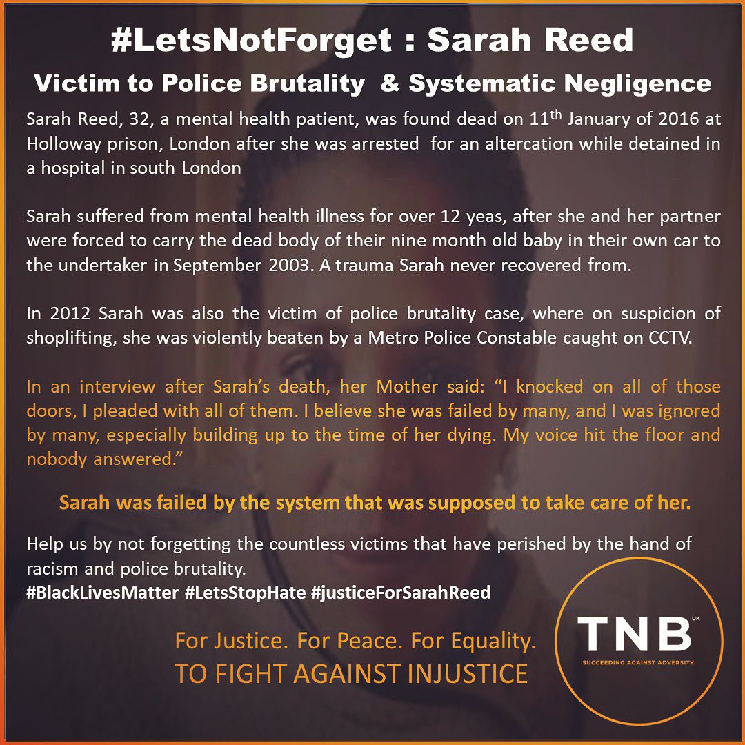 TheNewBlackUk's tweet photo. 𝗙𝗼𝗿 #Justice. 𝗙𝗼𝗿 #Peace. 𝗙𝗼𝗿 #Equality.
𝗧𝗢 𝗙𝗜𝗚𝗛𝗧 𝗔𝗚𝗔𝗜𝗡𝗦𝗧 𝗜𝗡𝗝𝗨𝗦𝗧𝗜𝗖𝗘
As our ongoing effort to spread awareness and educate people on the reason why Black people are protesting around the world,

Today we remember #SarahReed https://t.co/0KBMnSyYXk