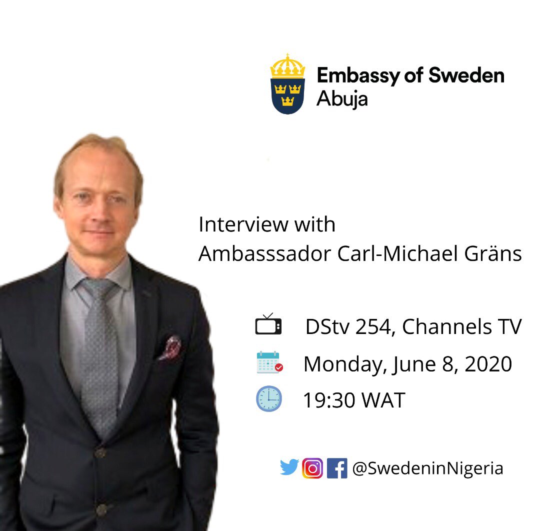 SwedeninNigeria's tweet photo. Ambassador @cmgrans speaks about Sweden’s National Day, Sweden’s response to COVID19 and Nigeria-Sweden relations.😊
Catch up on the conversation tonight on DStv 254 - @channelstv, Diplomatic Channels at 19:30 WAT. 📺👌🏼
#SweLive #SwedenInNigeria🇸🇪🇳🇬 https://t.co/RaXK5mAXet