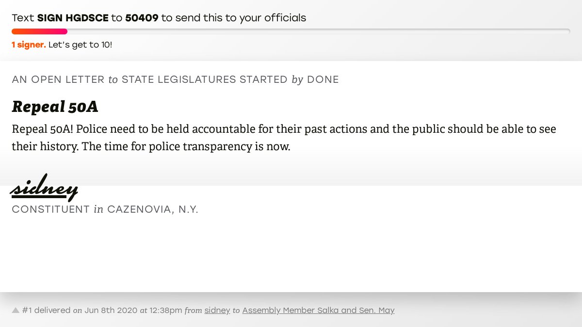 openletterbot's tweet photo. 🖋 Sign “Repeal 50A” and I’ll deliver a copy to your officials: https://t.co/nEc6xo4VAT

📨 No. 1 is from sidney to Assembly Member Salka and Senator May  #NYpolitics #NYpol https://t.co/tX97tlKrli