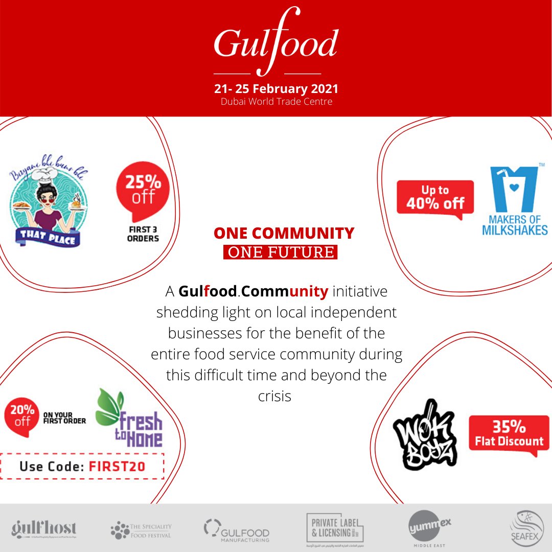 One of the world’s biggest F&amp;B events is counting on you to support our local restaurants, part of the #GulfoodCommunity

Check out their mouthwatering offerings and discounts compiled all in place for you - bit.ly/2Un4nZ0

#foodcoummunity #Gulfood2020 #businessservices
