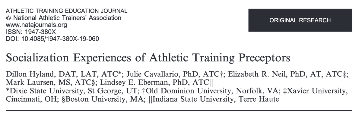 ATEJ_NATA's tweet photo. Hyland et al., investigated the socialization experiences of our clinical preceptors.  Check out the full publication at https://t.co/4HfGZETmzx https://t.co/RB3wIz79CS