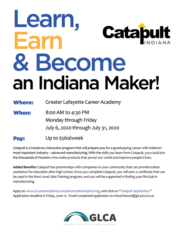 GLCareerAcademy's tweet photo. Catapult Indiana paid summer advanced manufacturing program at the GLCA. Apply by Friday, June 12. Program begins July 6.

@HHSPrincipal10 @OaklandHS @WL_RDP @WL_counseling @GloriaGrigsby2 @McCutcheonHS @CounselorMavs @LSClafayette @JHSGuidance1 @jeff_principal @CONEXUS_IN https://t.co/FKMJIsr77o