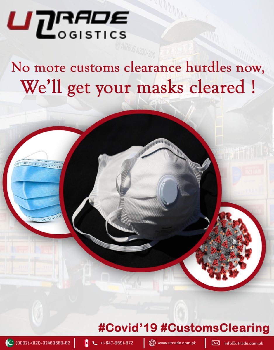 UTradeLogistics's tweet photo. Customs clearance will no more be a hindrance in your masks import now.
UTradeLogistics is right here to get all your consignments cleared.
#Covid'19 #ClearingCustoms
#UtradeLogistics https://t.co/SsklO7p9xS