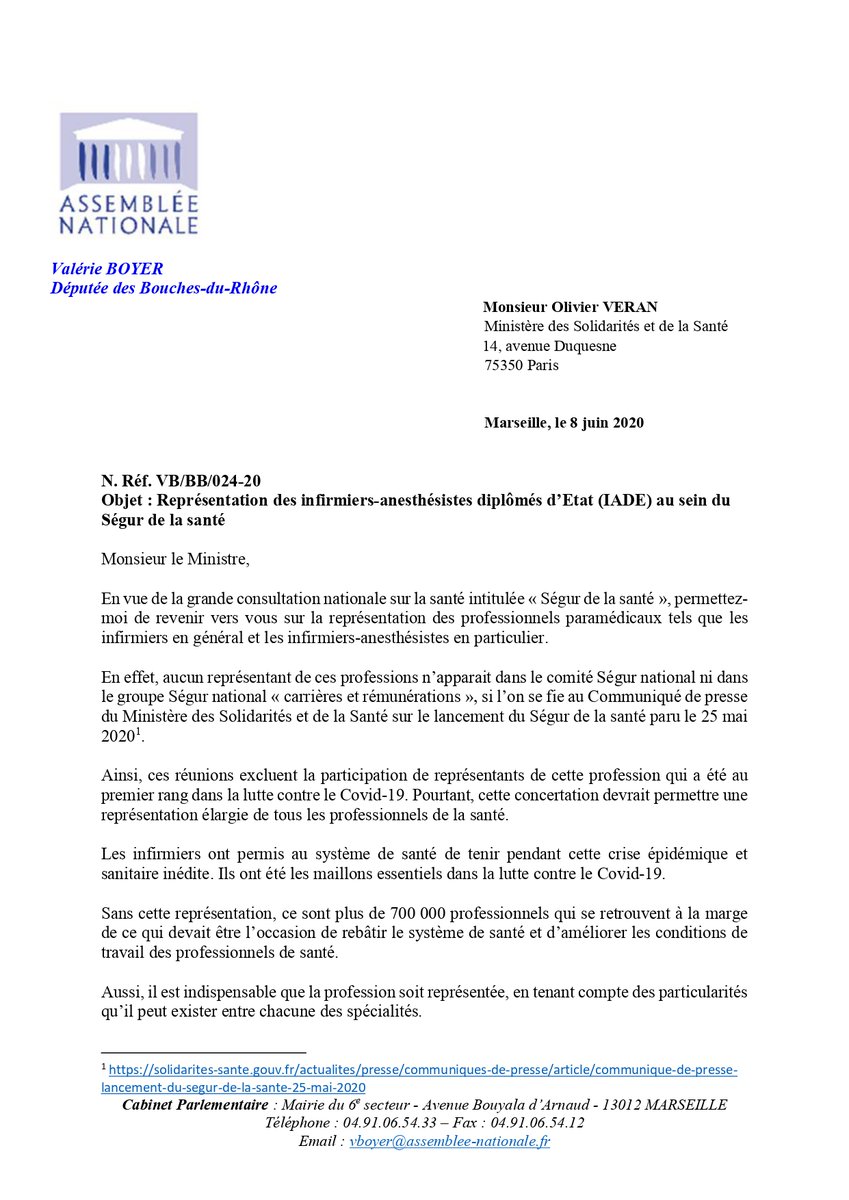 valerieboyer13's tweet photo. 🖊️J'ai rédigé un courrier au Ministre des Solidarités et de la Santé sur la représentation des infirmiers et des infirmiers-anesthésistes en particulier au sein du #SegurDeLaSante. Ils ont été des maillons essentiels dans la lutte contre le #Covid19 et doivent être représentés. https://t.co/4Cm3A3iEBg