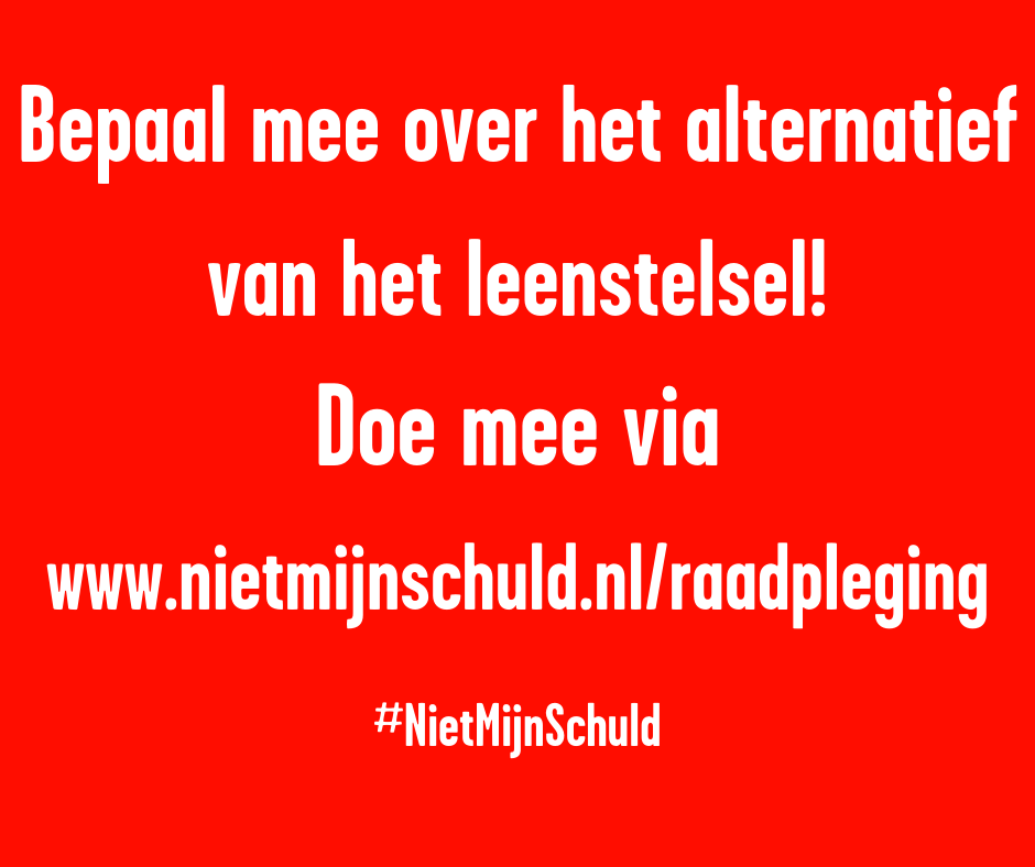 Vandaag is de online raadpleging van #NietMijnSchuld online gegaan! Studenten van Nederland: spreek je uit! Dit is je kans om de politiek te laten weten hoe studiefinanciering er wél uit moet zien! Dus vul 'm gauw in via nietmijnschuld.nl/raadpleging