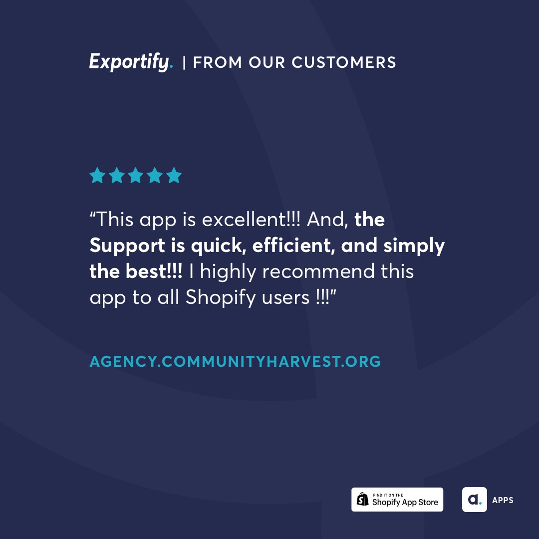 AbleSense's tweet image. Today, we&apos;re proud to share this #fivestarreview from @ComHarvest! Thank you; we&apos;re so glad that #Exportify is helping you do your good work!

#shopifyapp